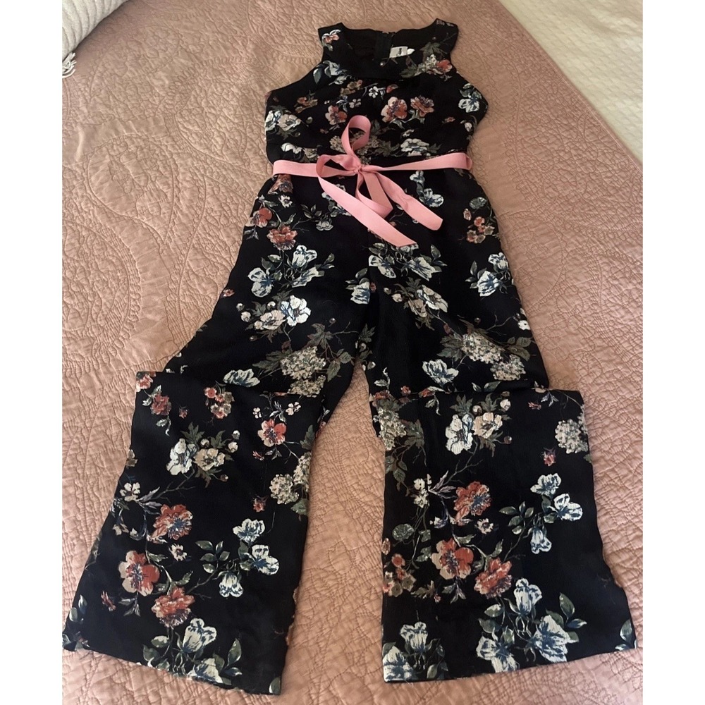 Rare Edition Black Floral WIDE LEG Jumpsuit Sleeveless Boho Belted Girls 10